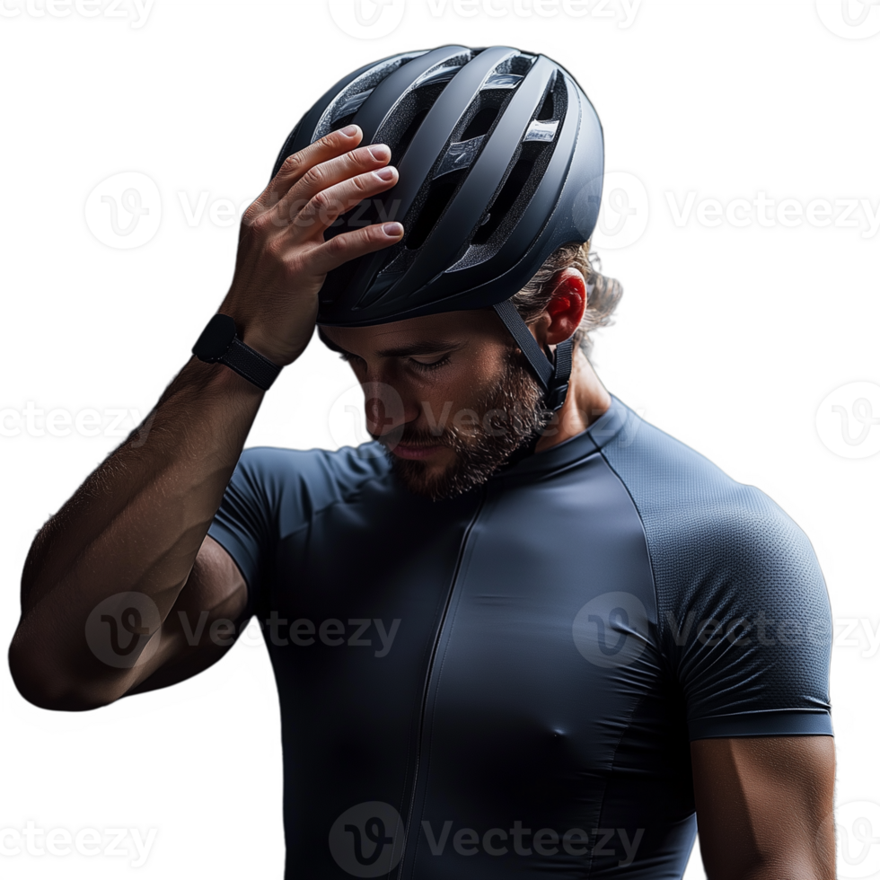Male cyclist adjusting his helmet with a focused expression, wearing a cycling jersey png