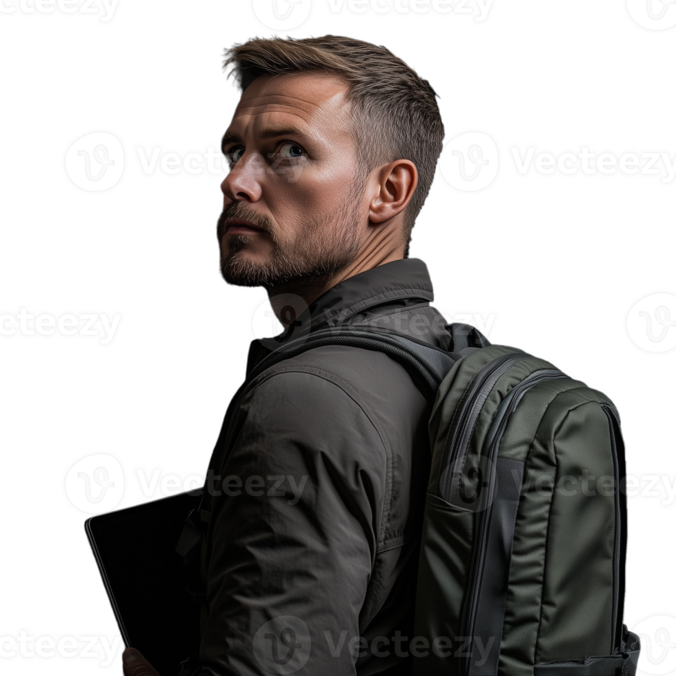 Man with a backpack looking back over his shoulder with determination png