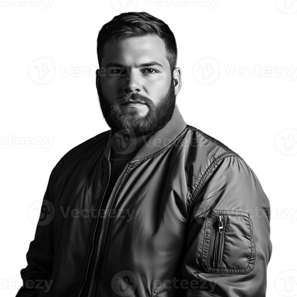 Portrait of a man with a beard wearing a bomber jacket, looking serious png