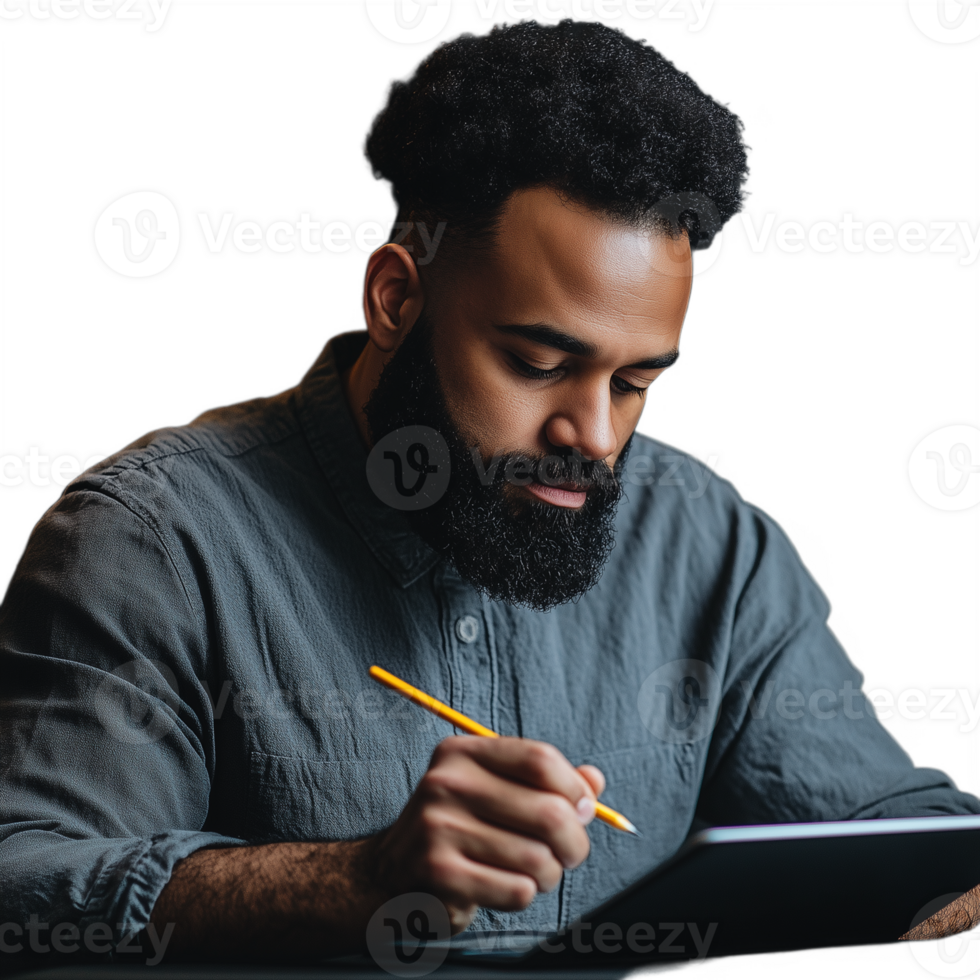 Young man with a beard writing on a digital tablet, with a focused and creative expression png