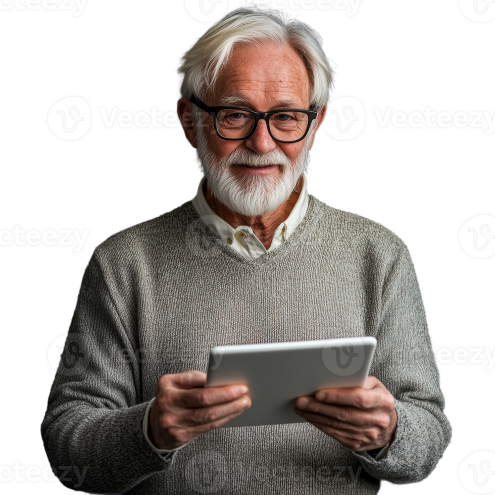 Elderly man using a tablet device, wearing glasses and sweater, isolated against a transparent background png