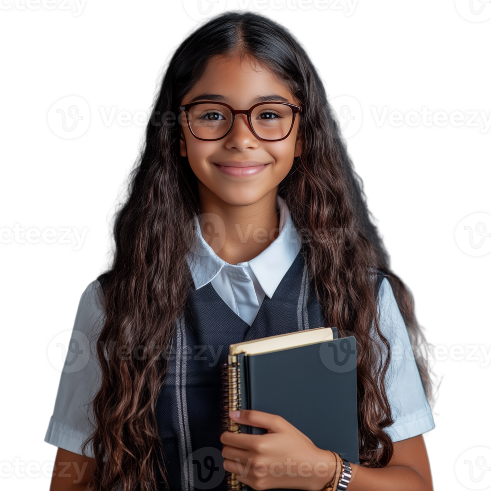 sonriente joven niña vistiendo lentes y participación un libro, aislado en contra un transparente antecedentes png
