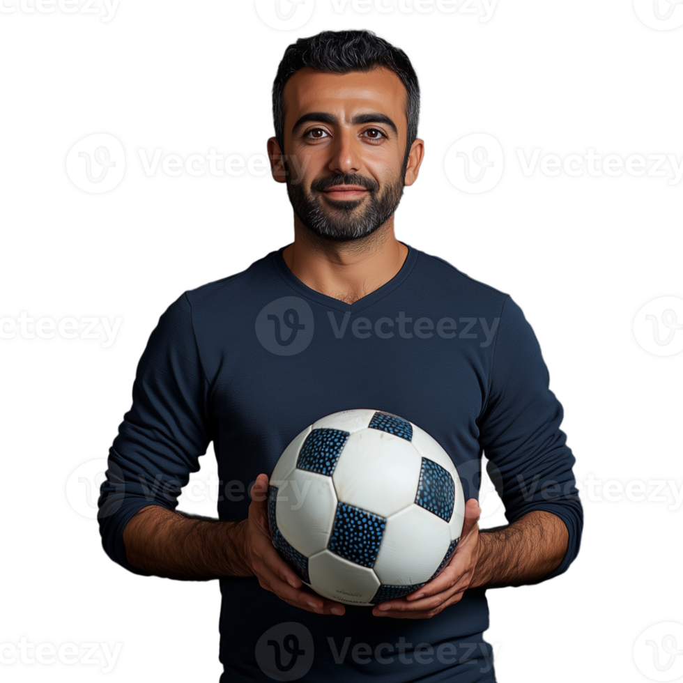 Smiling man holding a soccer ball, wearing a dark sweater, isolated on a transparent background png