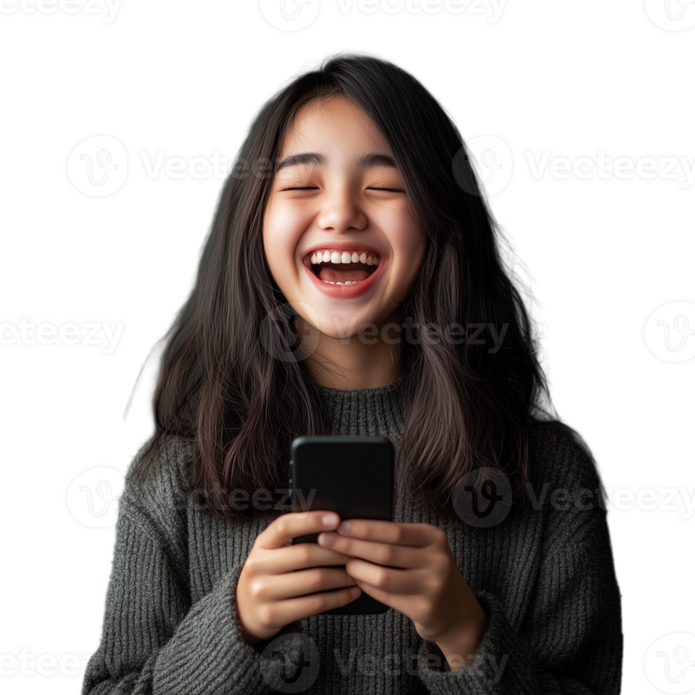 Laughing young woman holding a smartphone, wearing a gray sweater, isolated on a transparent background png