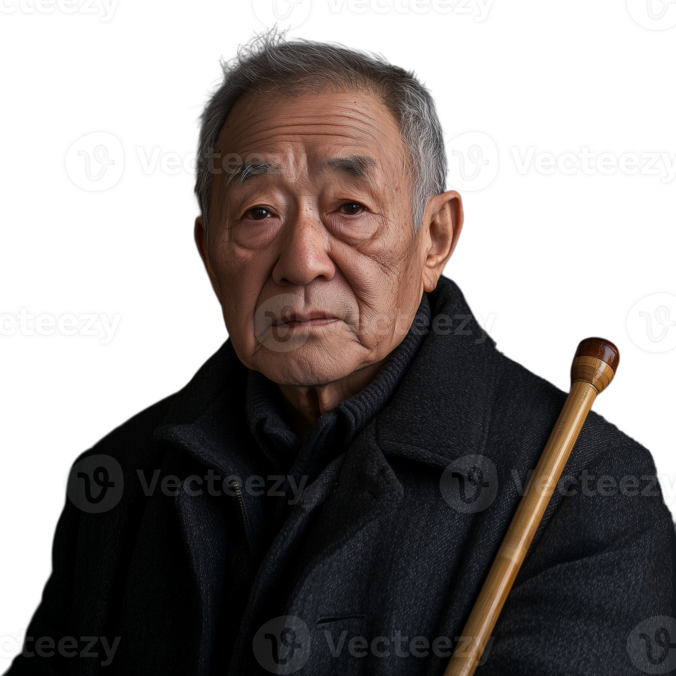 Senior man holding a cane, wearing a dark overcoat, isolated against a transparent background png