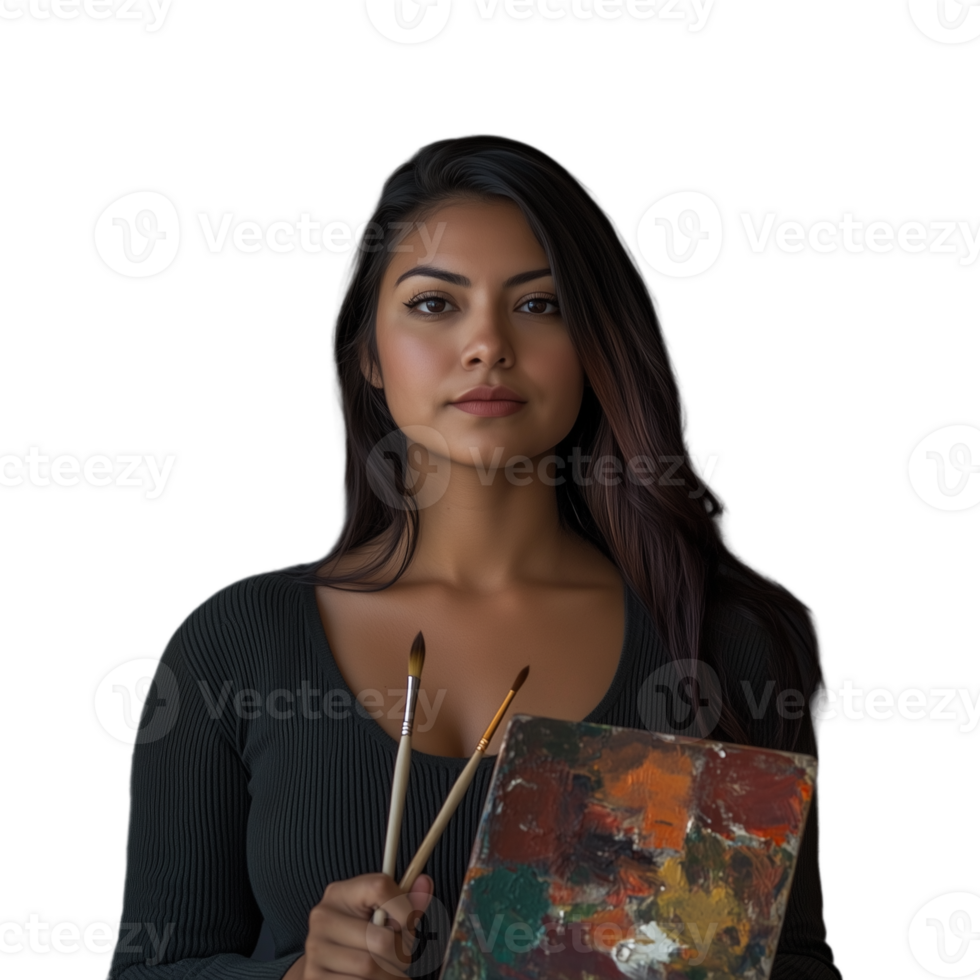 Serious young woman with paintbrushes and palette, wearing a green top, isolated on a transparent background png