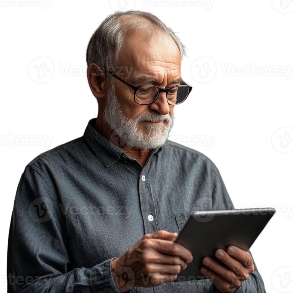 Elderly man using a digital tablet, wearing glasses, isolated against a transparent background png