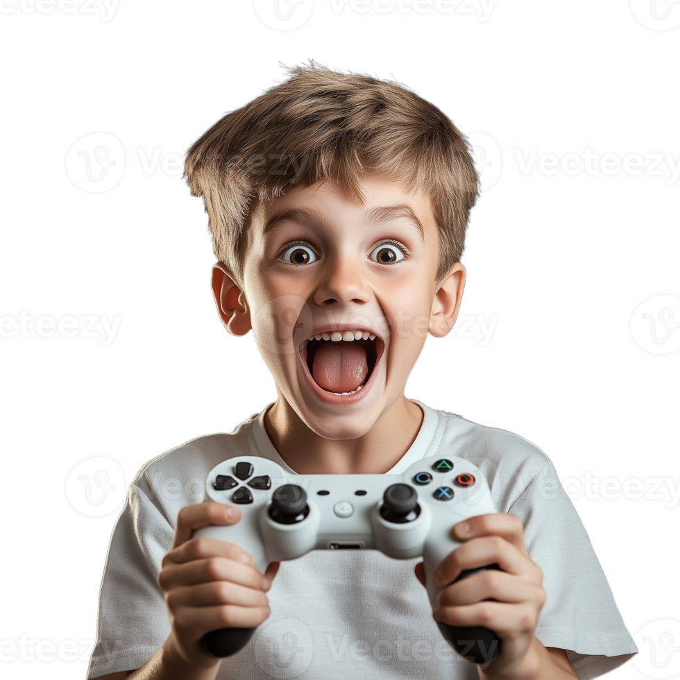 Surprised young boy holding a white game controller, isolated on a transparent background png