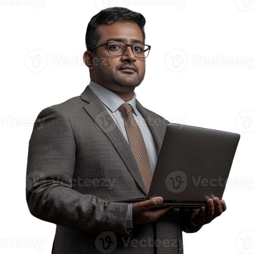 Businessman holding a laptop, wearing glasses and a suit, isolated against a transparent background png