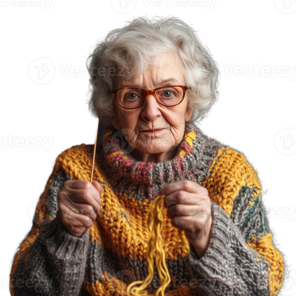 Elderly woman smiling and holding knitting needles with yellow yarn, wearing glasses, isolated on a transparent background png