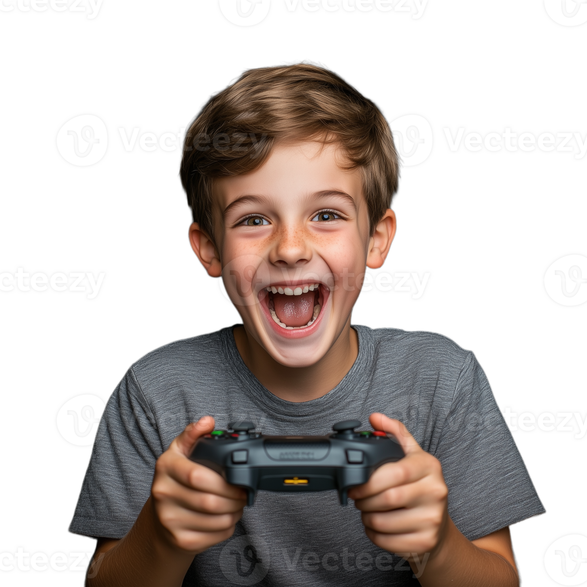 Excited young boy holding a game controller, wearing a gray tshirt