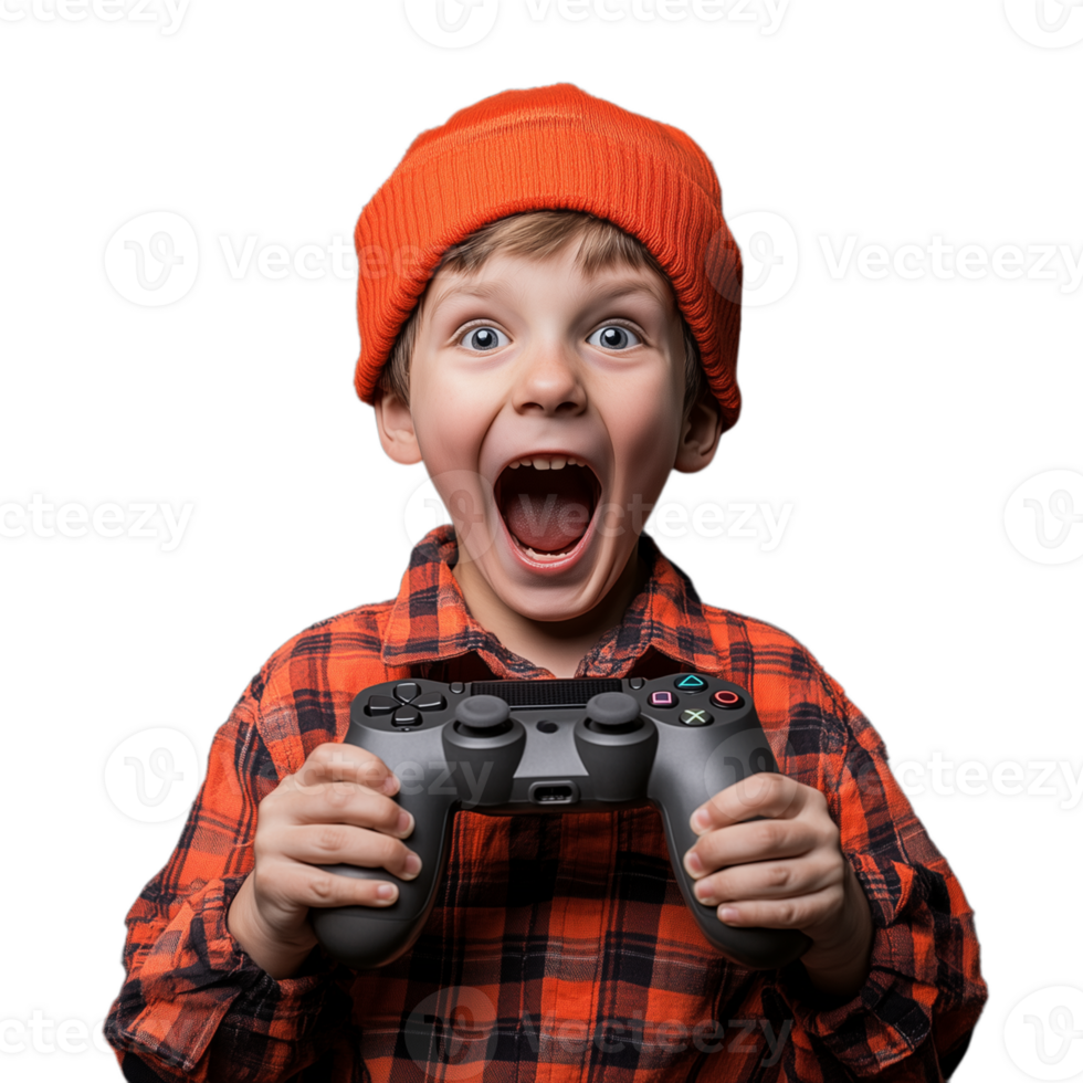 Enthusiastic young boy holding a black game controller, wearing a red beanie and checkered shirt, isolated on a transparent background png