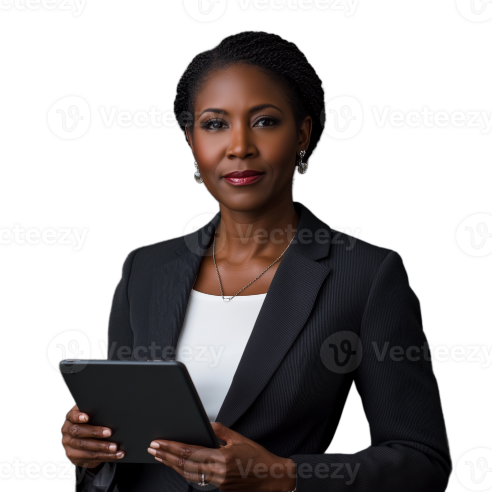 Professional middle-aged woman holding a tablet, wearing a dark blazer, isolated on a transparent background png