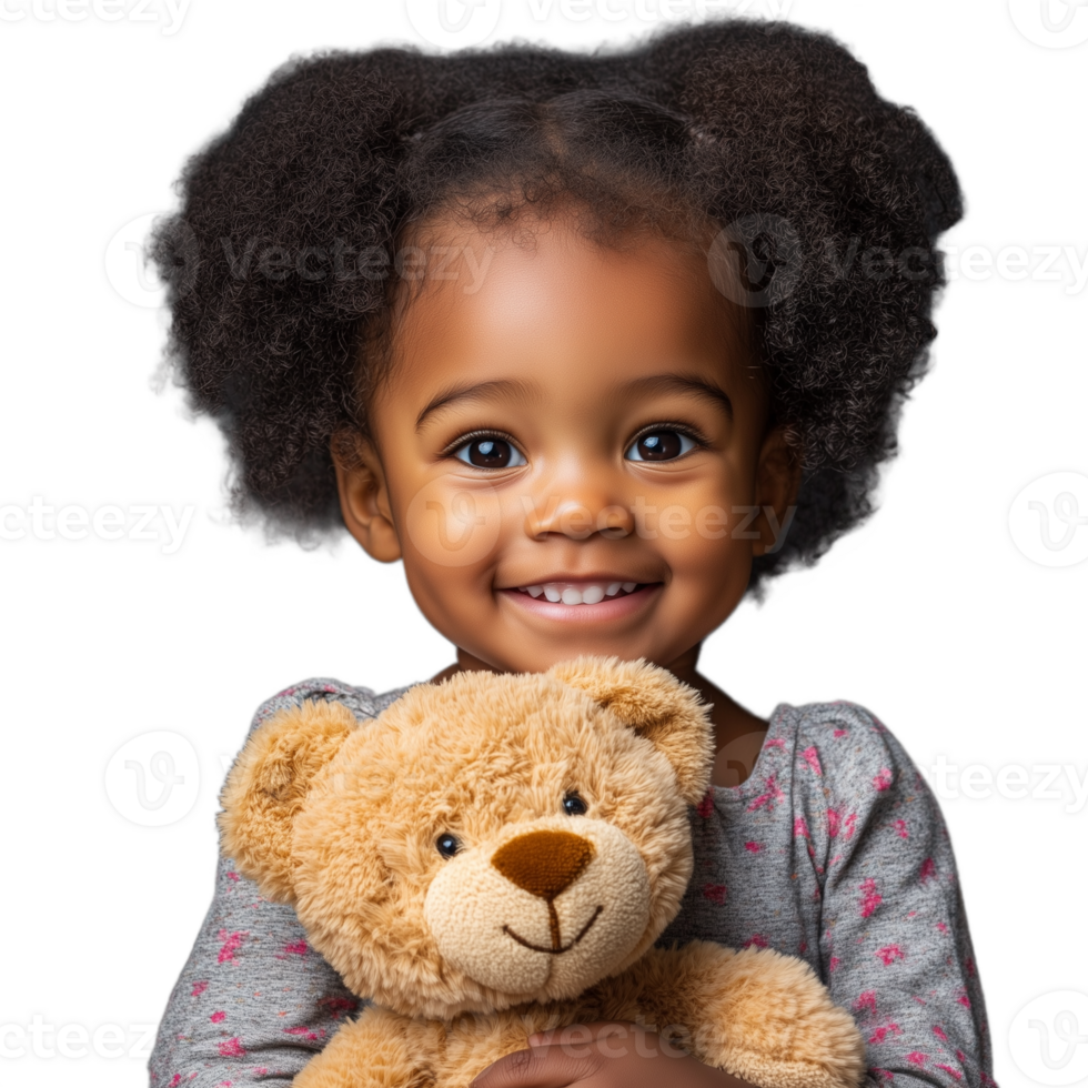Smiling young girl holding a teddy bear, with curly hair, isolated on a transparent background png