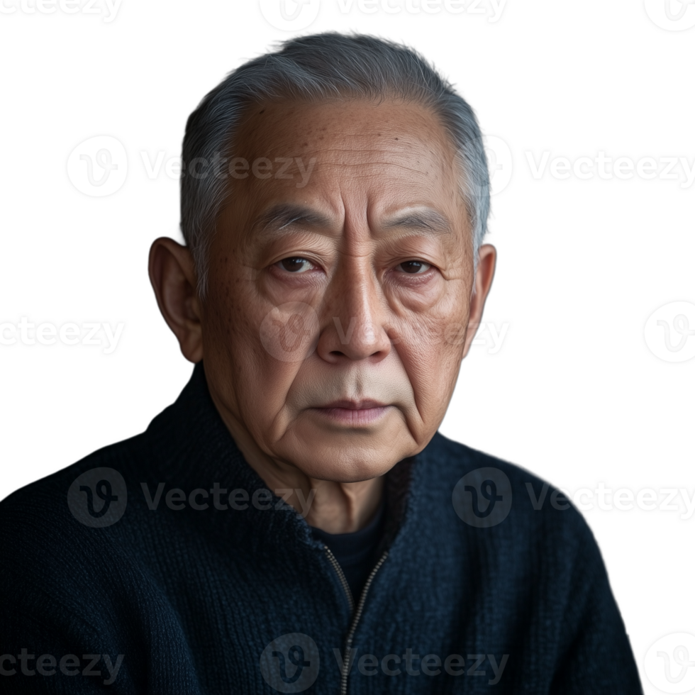 Elderly man with a serious expression, wearing a dark sweater, isolated on a transparent background png