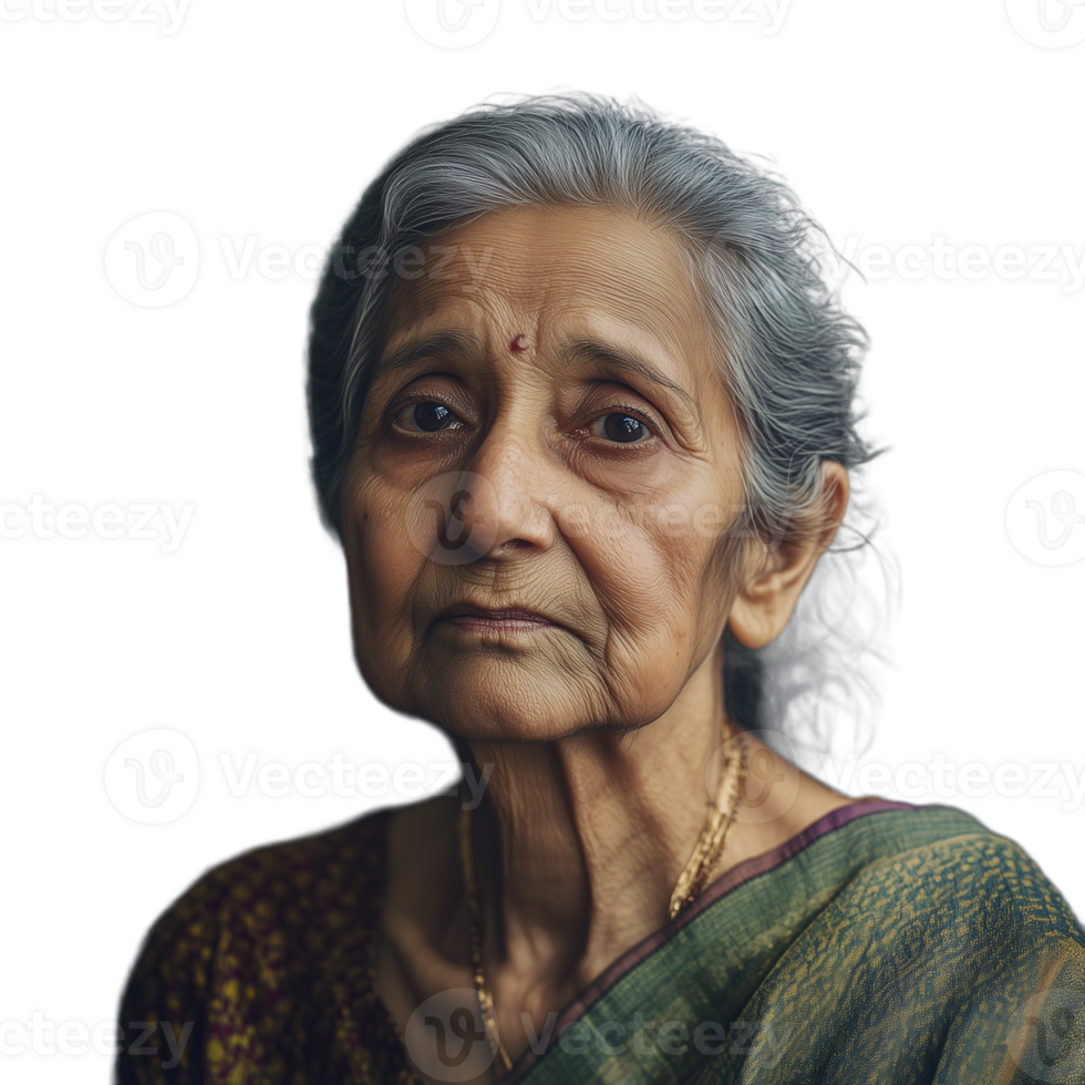 Elderly woman with a serious expression, wearing a traditional blouse, isolated on a transparent background png
