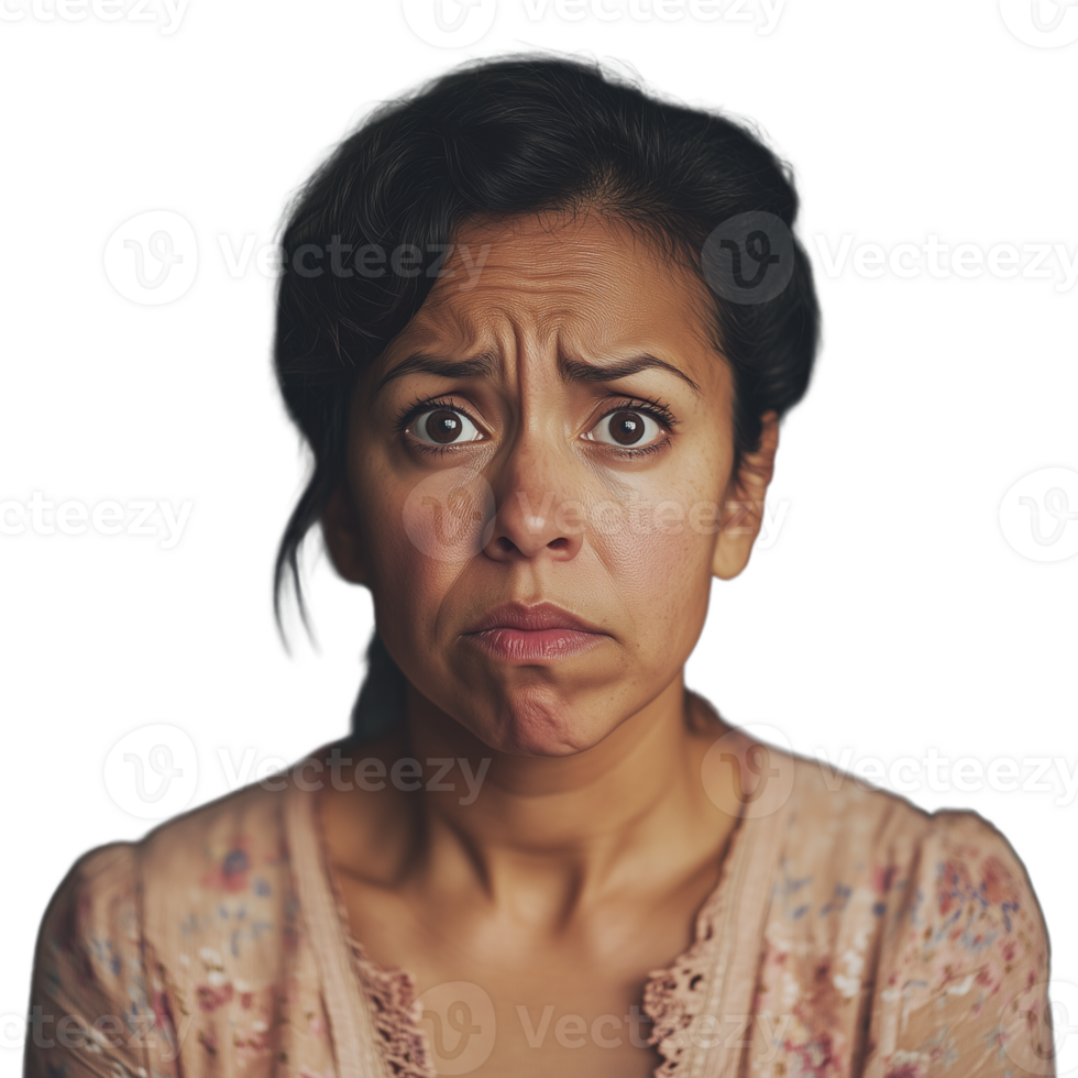 Concerned young woman with a perplexed expression, isolated on a transparent background png