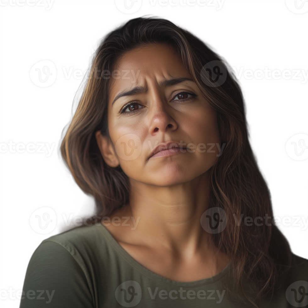 Serious middle-aged woman with long hair, isolated on a transparent background png