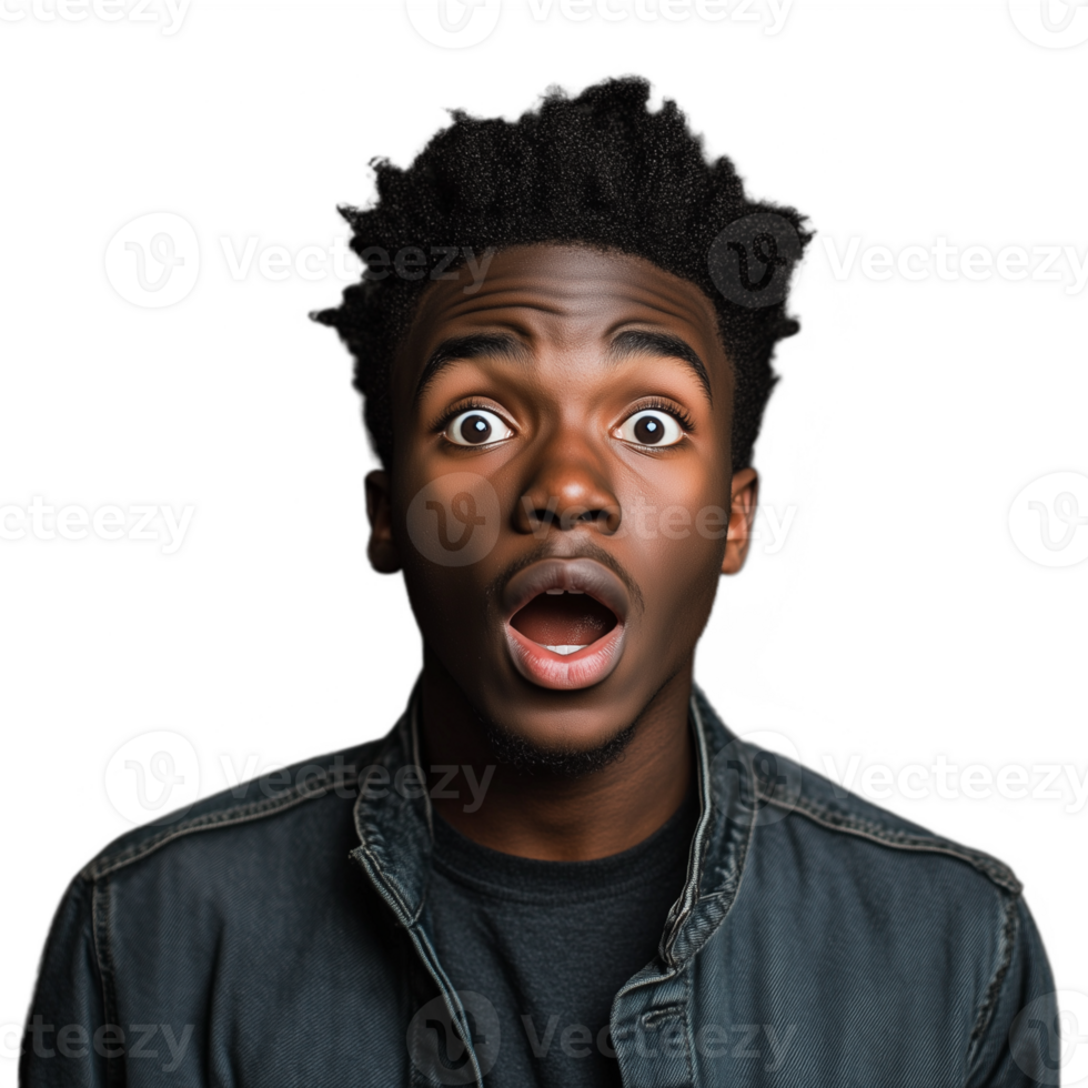 Surprised young man with a wide-open mouth, wearing a gray shirt, isolated on a transparent background png