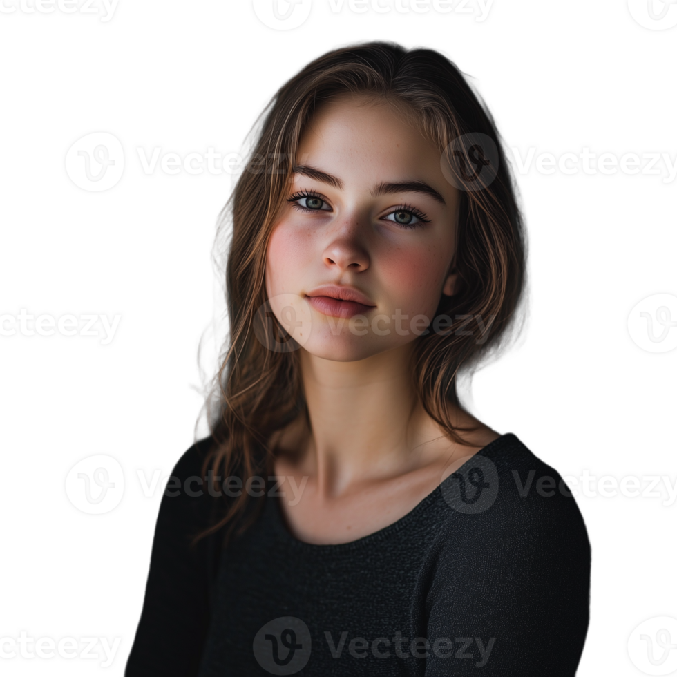 nachdenklich jung Frau mit wellig Haar suchen in das Distanz, isoliert auf ein transparent Hintergrund png