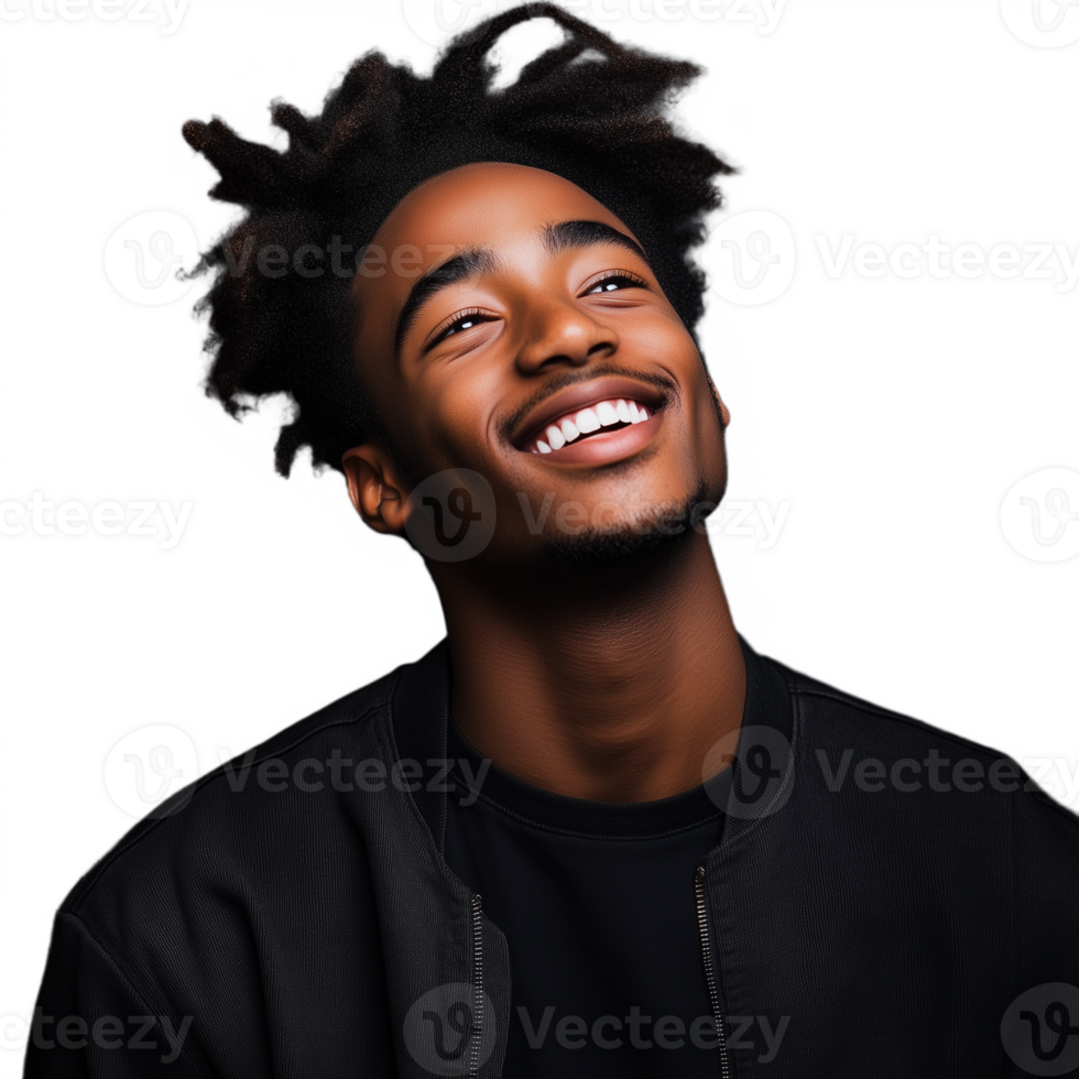 Happy young man with a wide smile, wearing a casual black jacket, isolated on a transparent background png