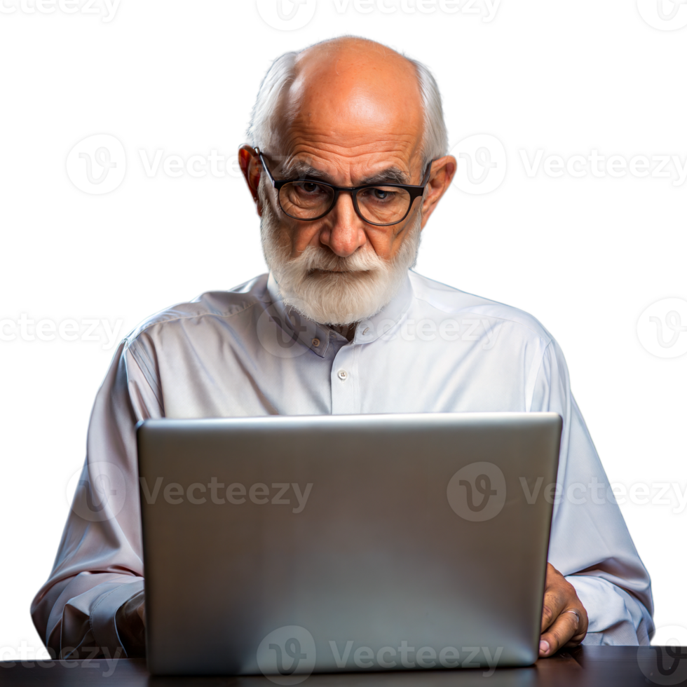 Senior man using a laptop, concentrating on his work on a transparent background png