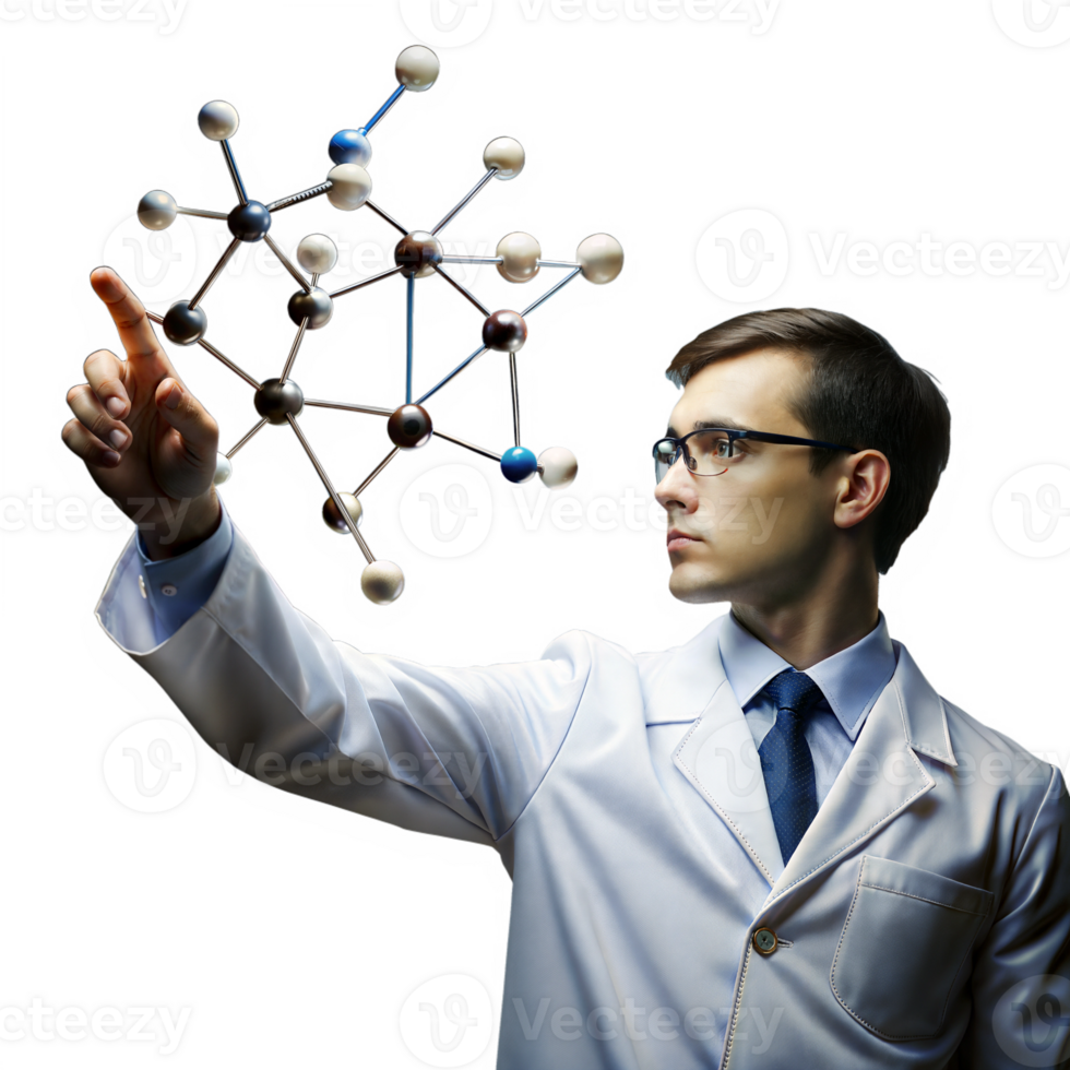 Male scientist examining a molecular model with focus on a transparent background png