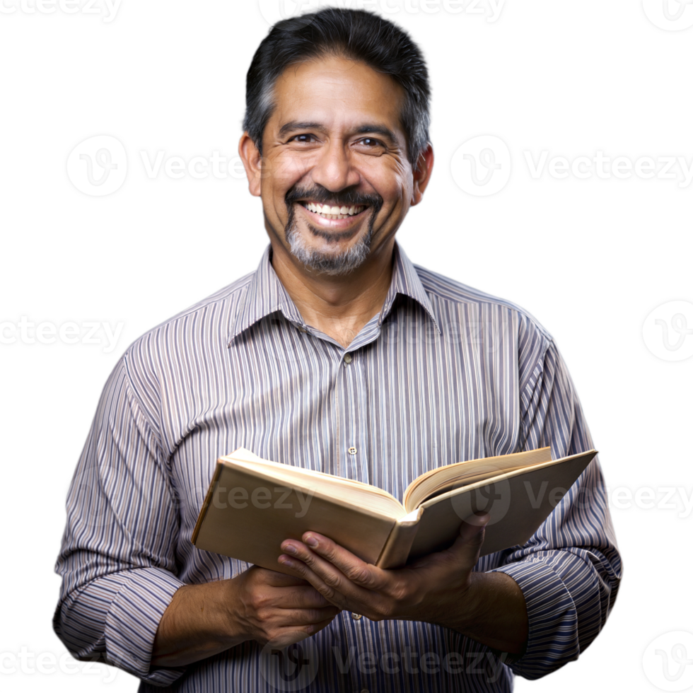 Middle-aged man holding a book, smiling with contentment on a transparent background png