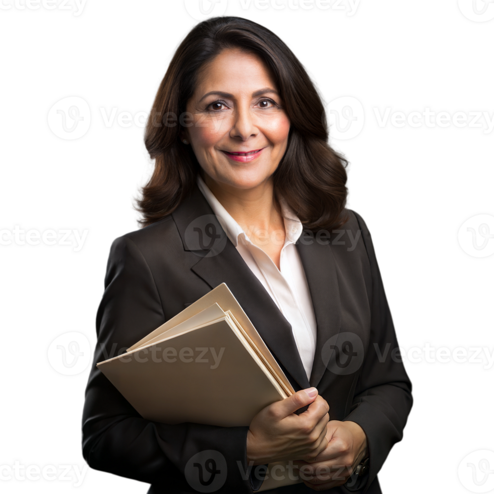 Professional woman holding a folder with a confident smile on a transparent background png