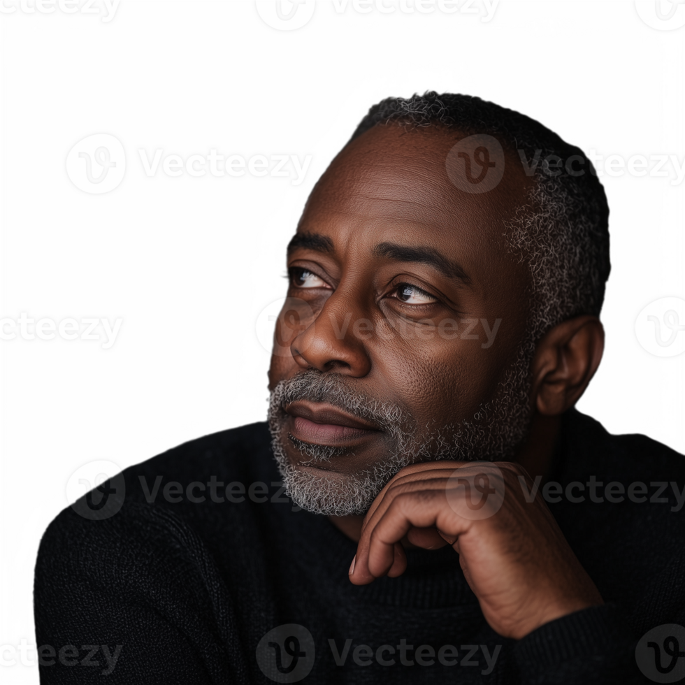 Side profile of a mature man with gray hair and beard in a thinking pose on a transparent background png