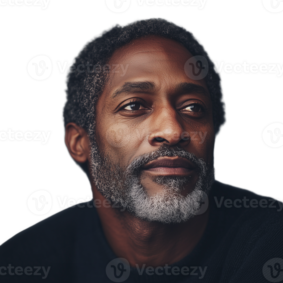 Portrait of an older man with gray hair and beard looking contemplative on a transparent background png