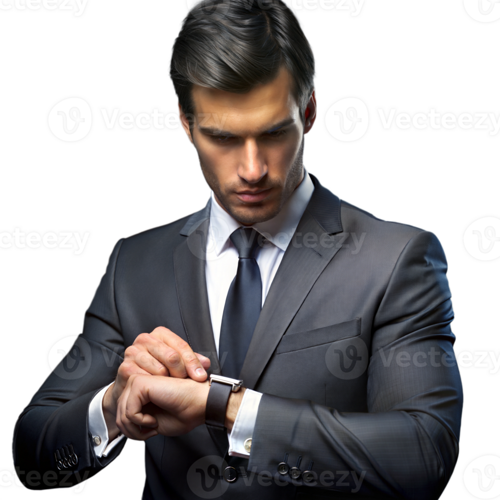 Businessman in a suit checking his wristwatch, looking professional on a transparent background png