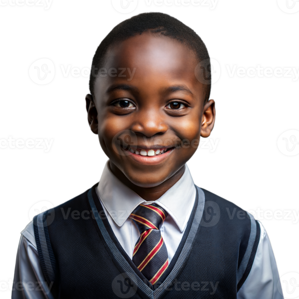 Smiling young boy in formal attire with a tie on a transparent background png