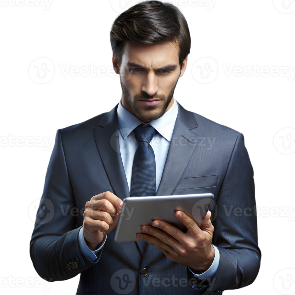 Businessman in a suit using a digital tablet, looking concentrated on a transparent background png
