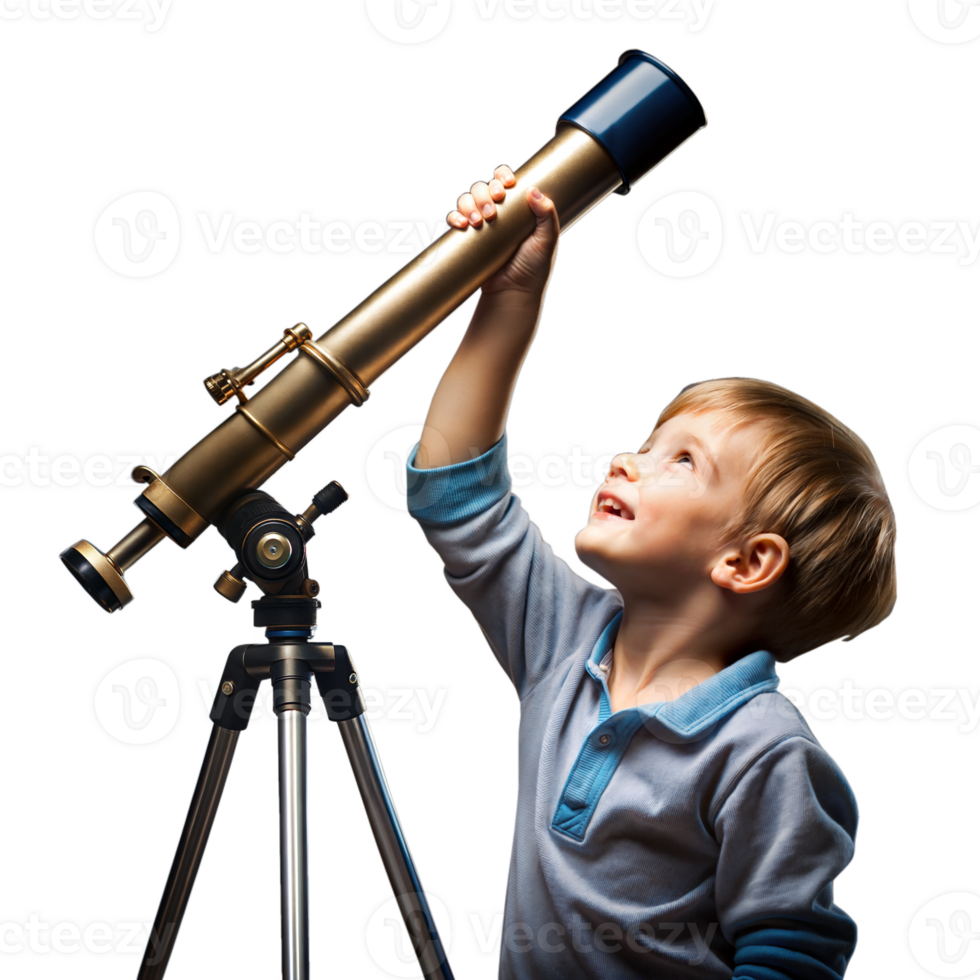 Little boy looking through a telescope with curiosity on a transparent background png