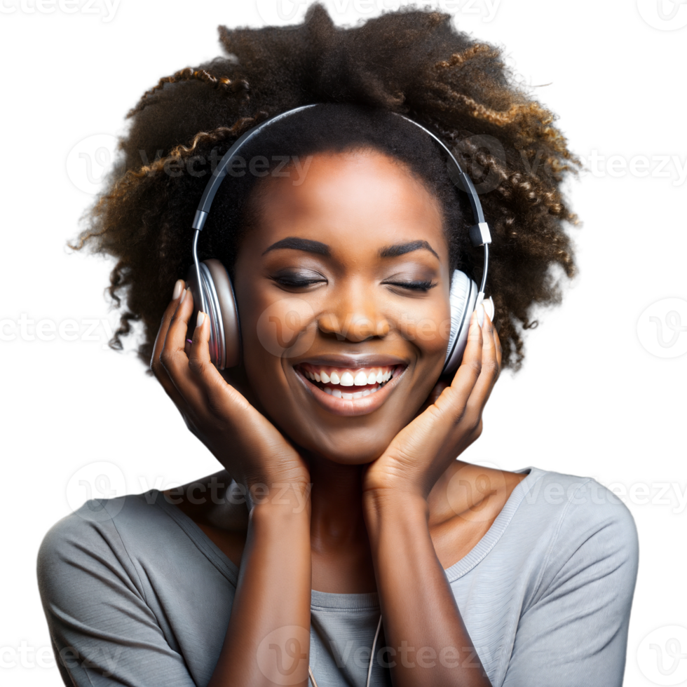 Young woman enjoying music with headphones, smiling cheerfully on a transparent background png