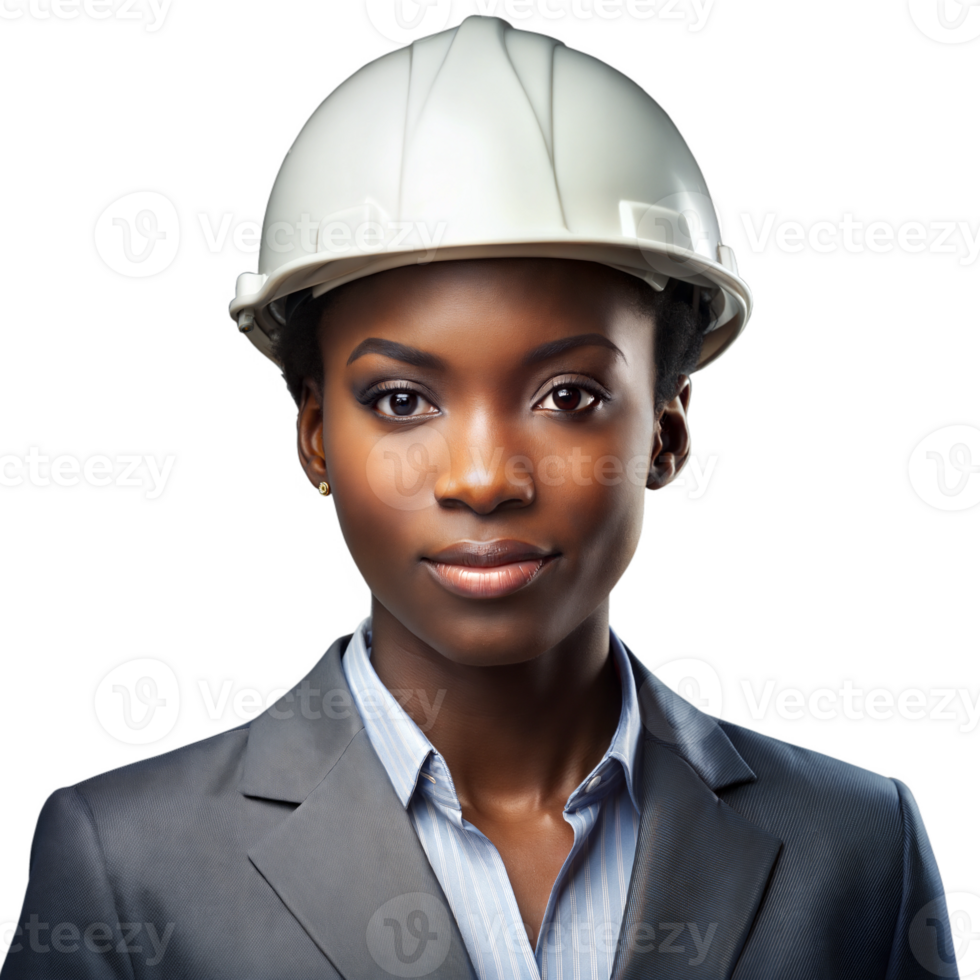 Female engineer wearing a white hard hat, looking determined on a transparent background png