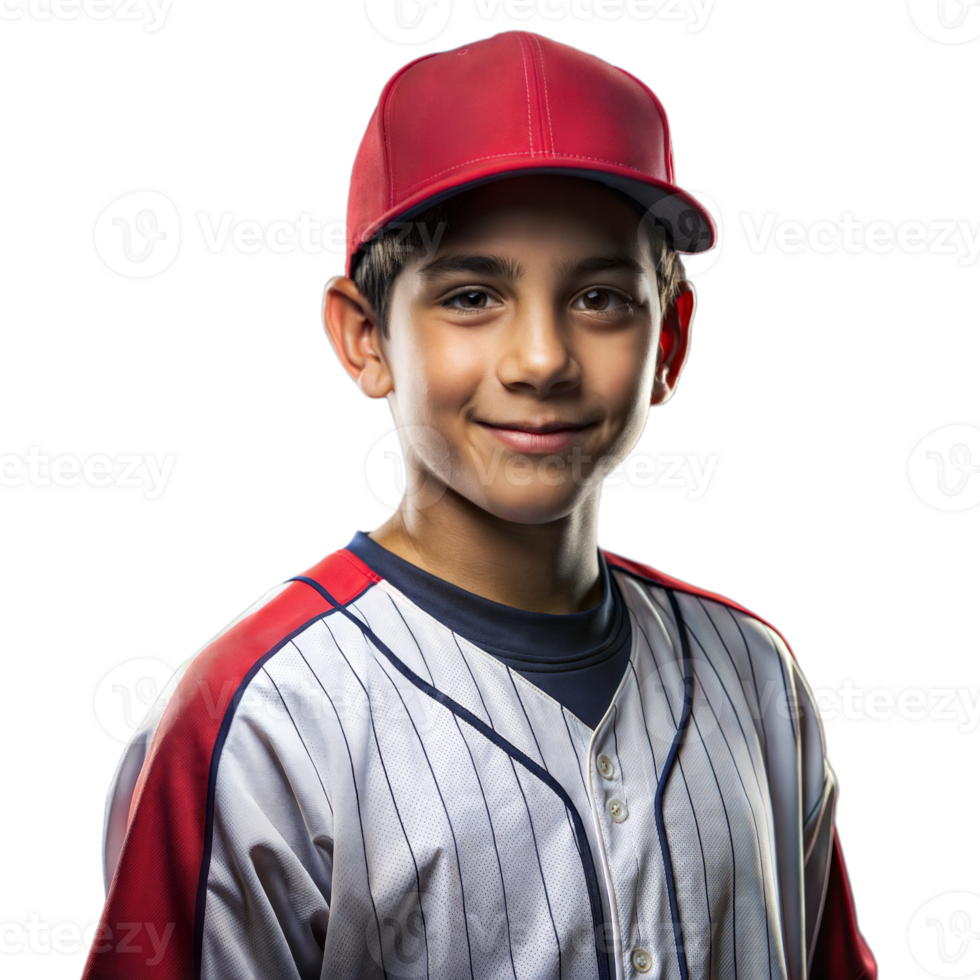 Young boy wearing a baseball uniform and cap, looking ready to play on a transparent background png