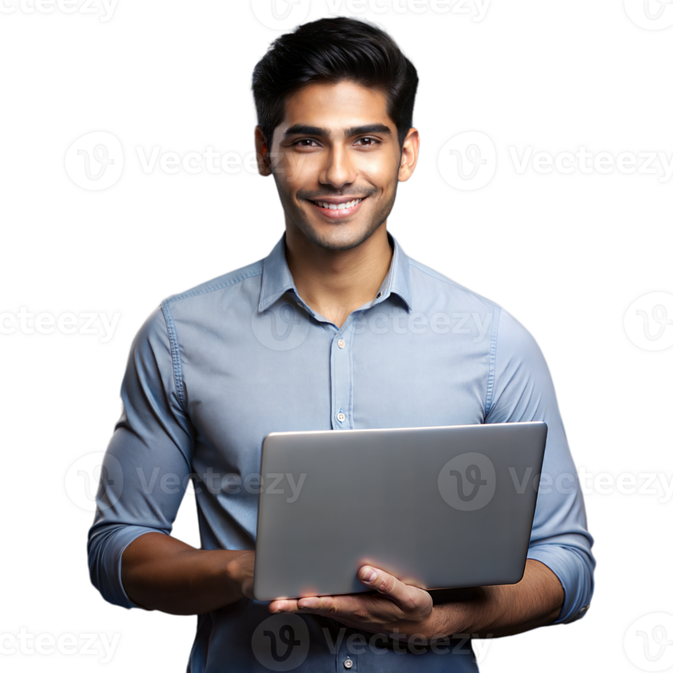 Young professional man holding a laptop and smiling on a transparent background png