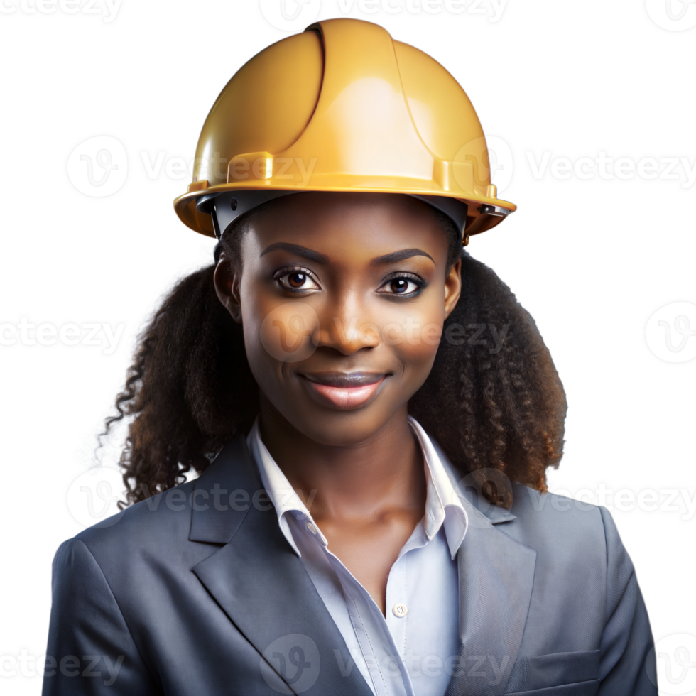 Female engineer in a yellow hard hat, smiling with confidence on a transparent background png