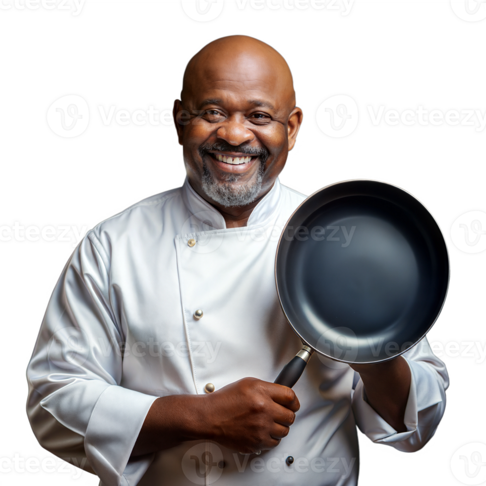 Smiling chef holding a frying pan, looking friendly on a transparent background png