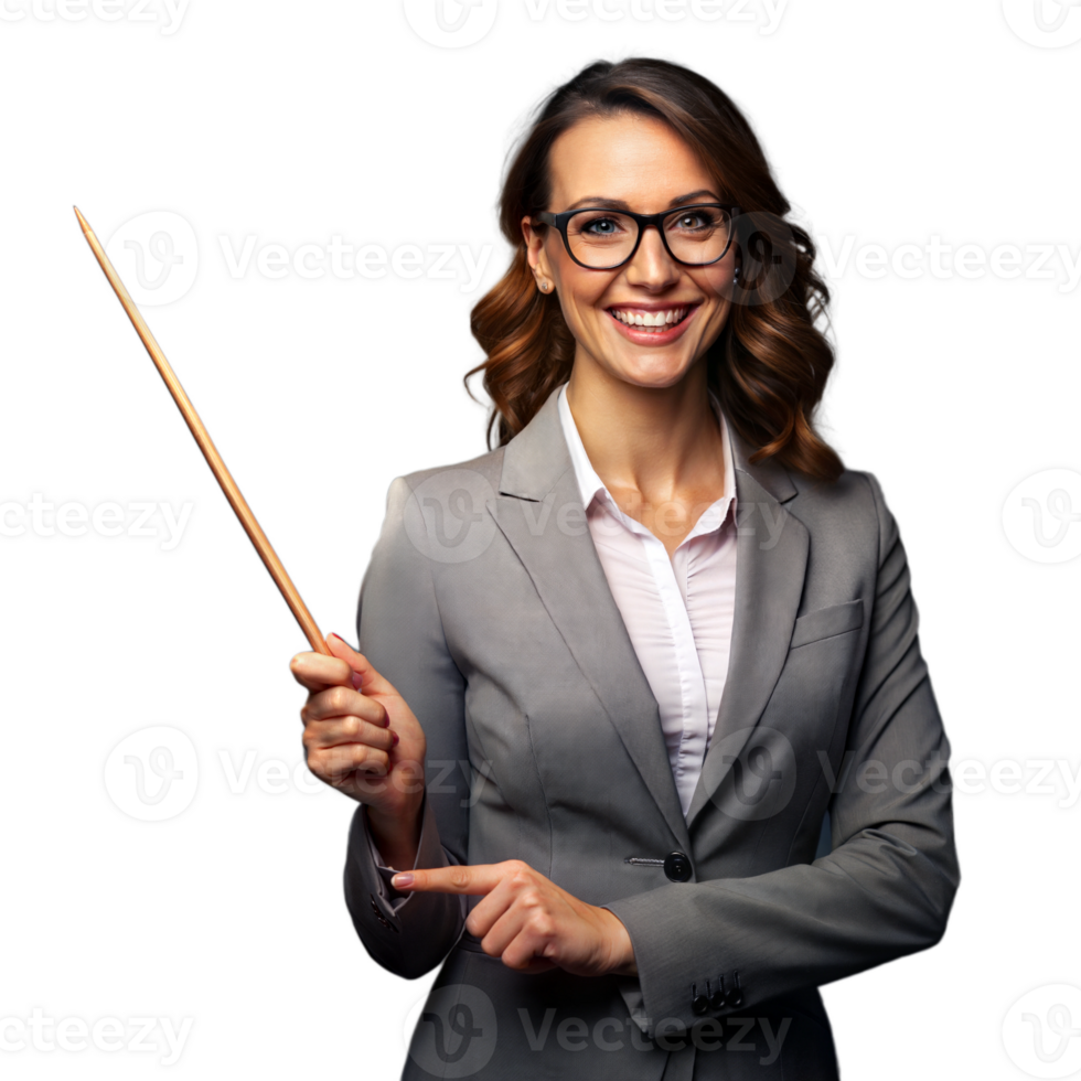 Female teacher with glasses holding a pointer, smiling confidently on a transparent background png