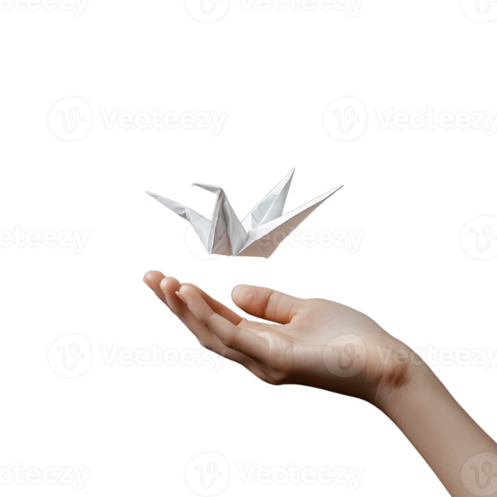 Hand holding a folded paper crane, isolated on a transparent background png