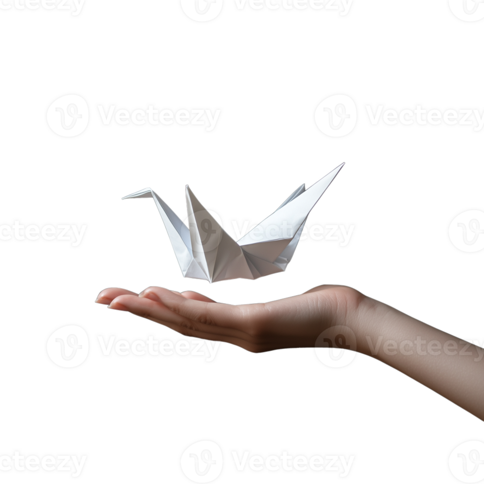 Hand presenting a folded paper crane, isolated on a transparent background png