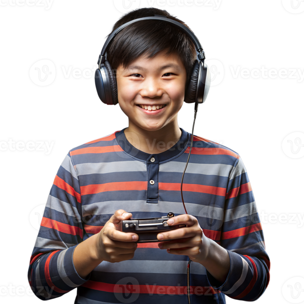 Young boy wearing headphones and holding a gaming controller on a