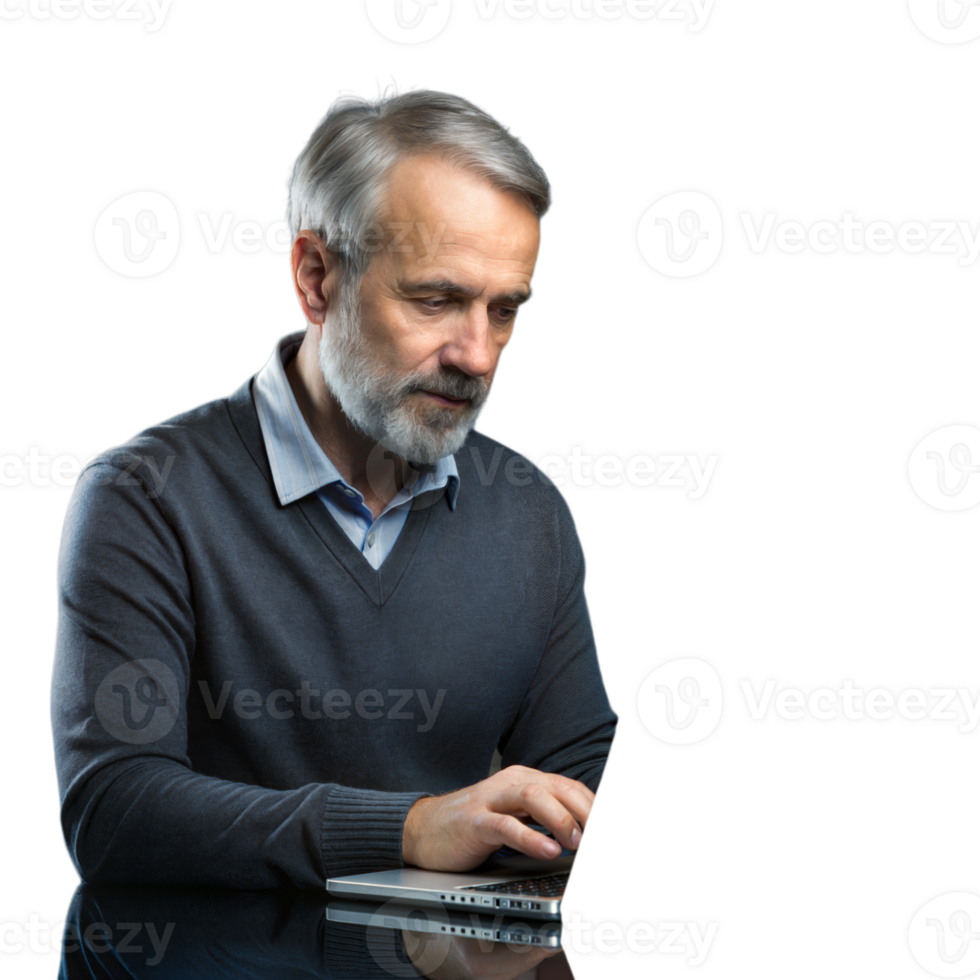 Middle-aged man using a laptop, focused and serious on a transparent background png