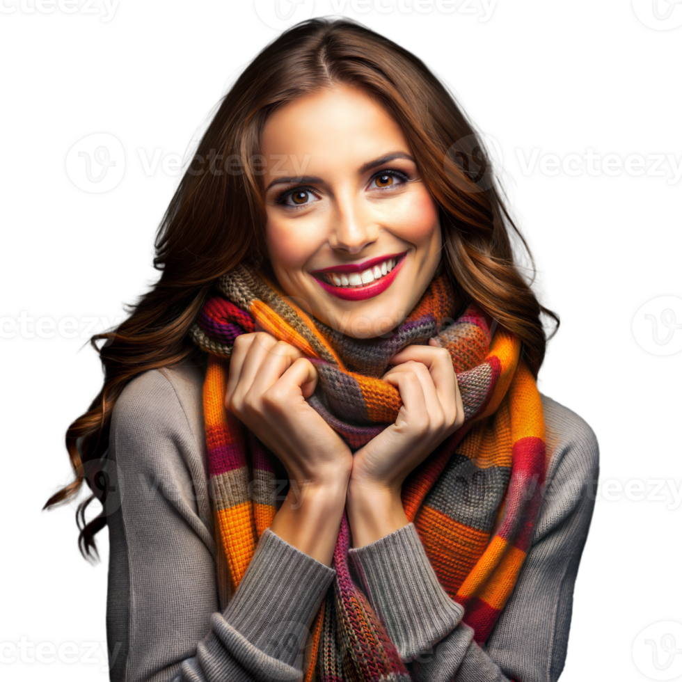 Woman smiling warmly in a scarf with autumn colors on a transparent background png