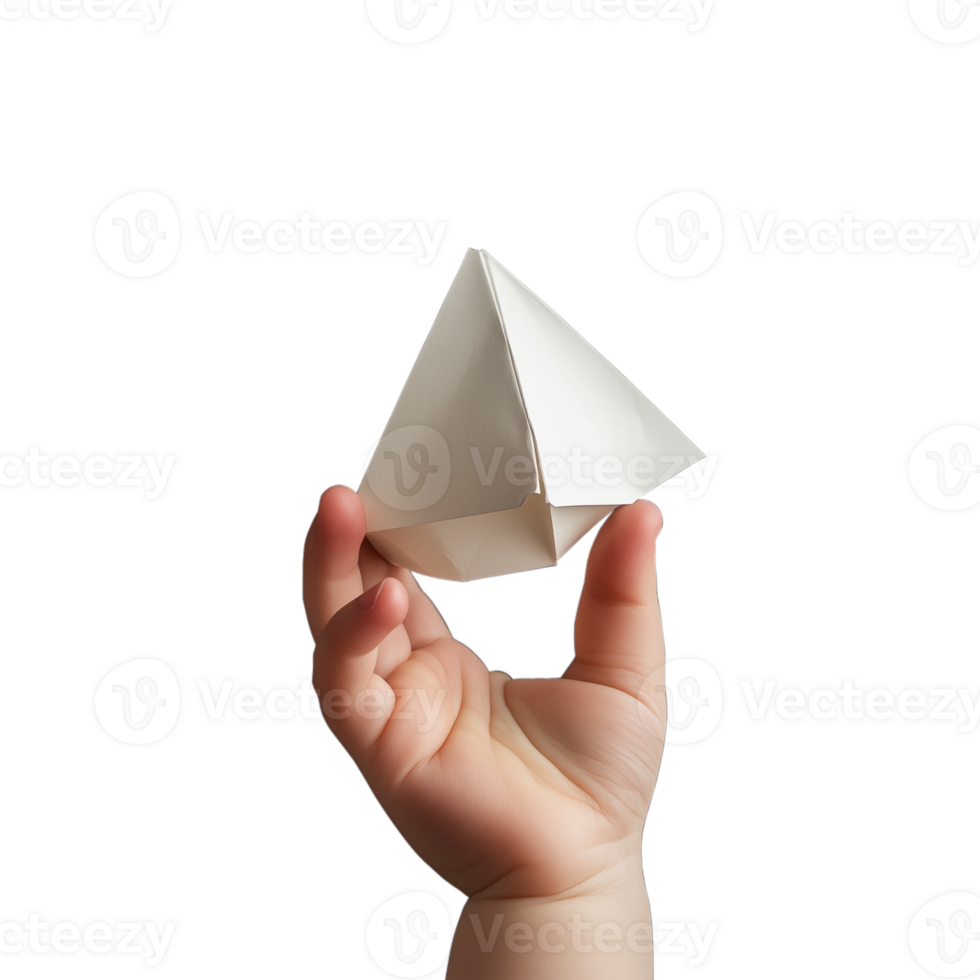 Hand holding a folded paper pyramid, isolated on a transparent background png