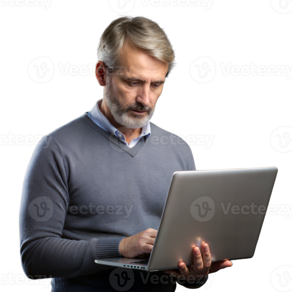 Professional man with a laptop, working diligently on a transparent background png