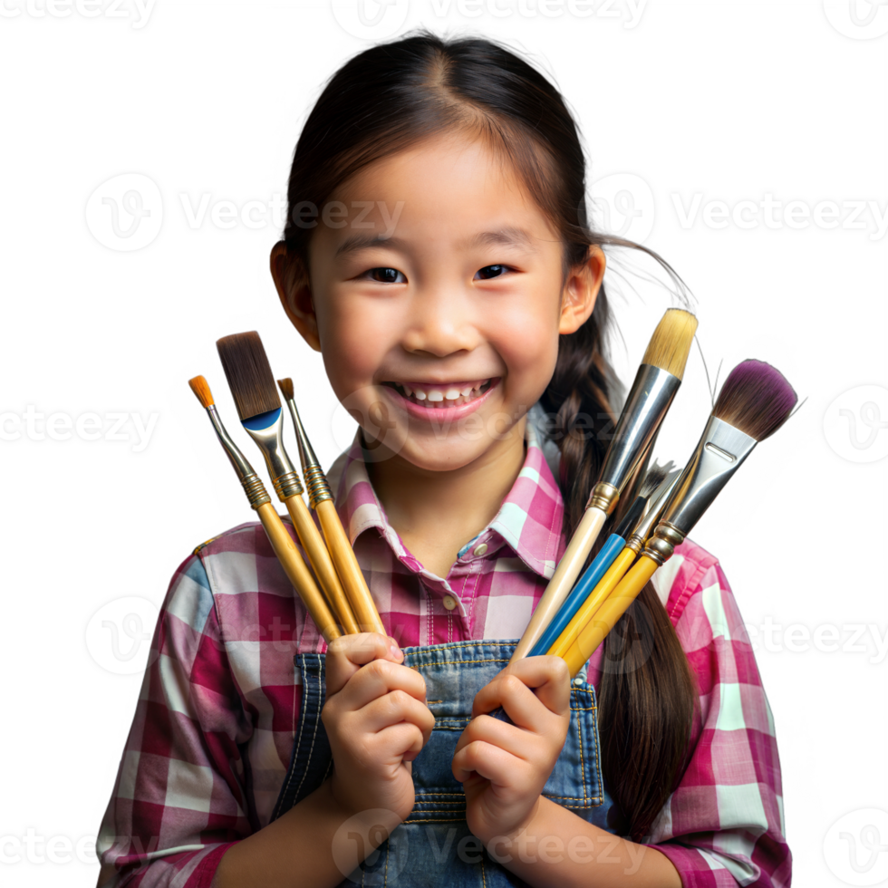 Young girl holding paintbrushes, smiling creatively on a transparent background png